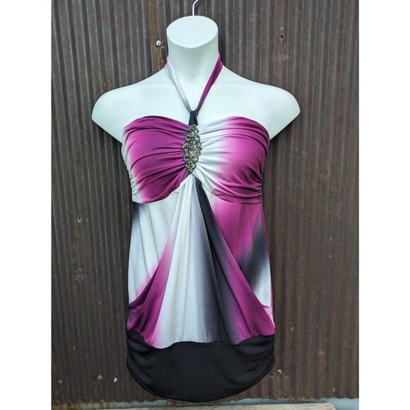 Vintage Y2K Going Out Halter Top Large Babydoll Ruche Bling Long Formal Coquette - Picture 1 of 12